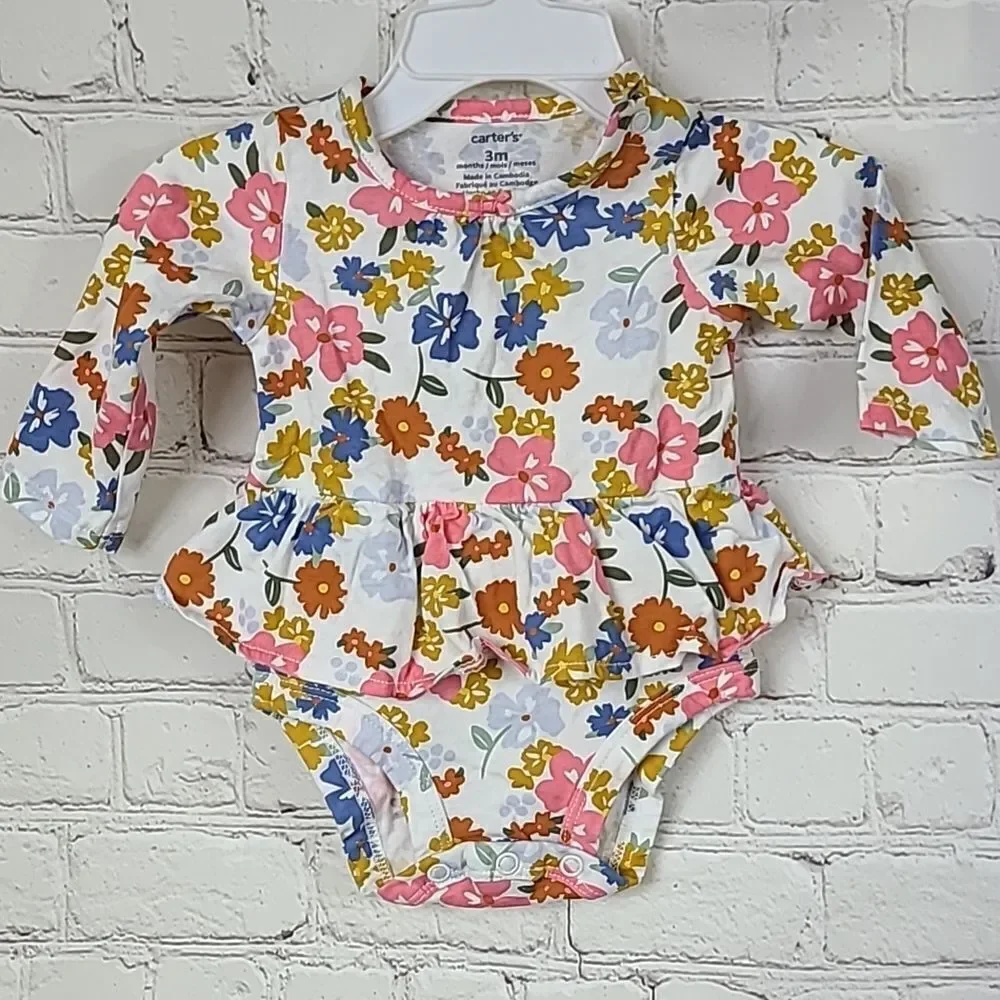 Carter's Baby Girl 3M Floral Print Cotton One Piece Ruffle Outfit Long sleeve